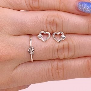 Conjunto Anillo Corazon Mini y Aros Doble Corazon de Plata 925